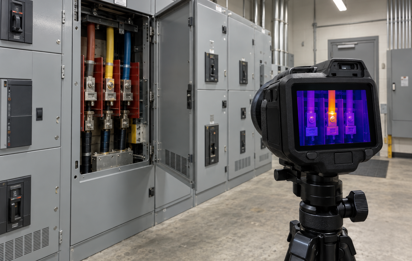 Infrared camera on a tripod aimed at open electrical distribution equipment