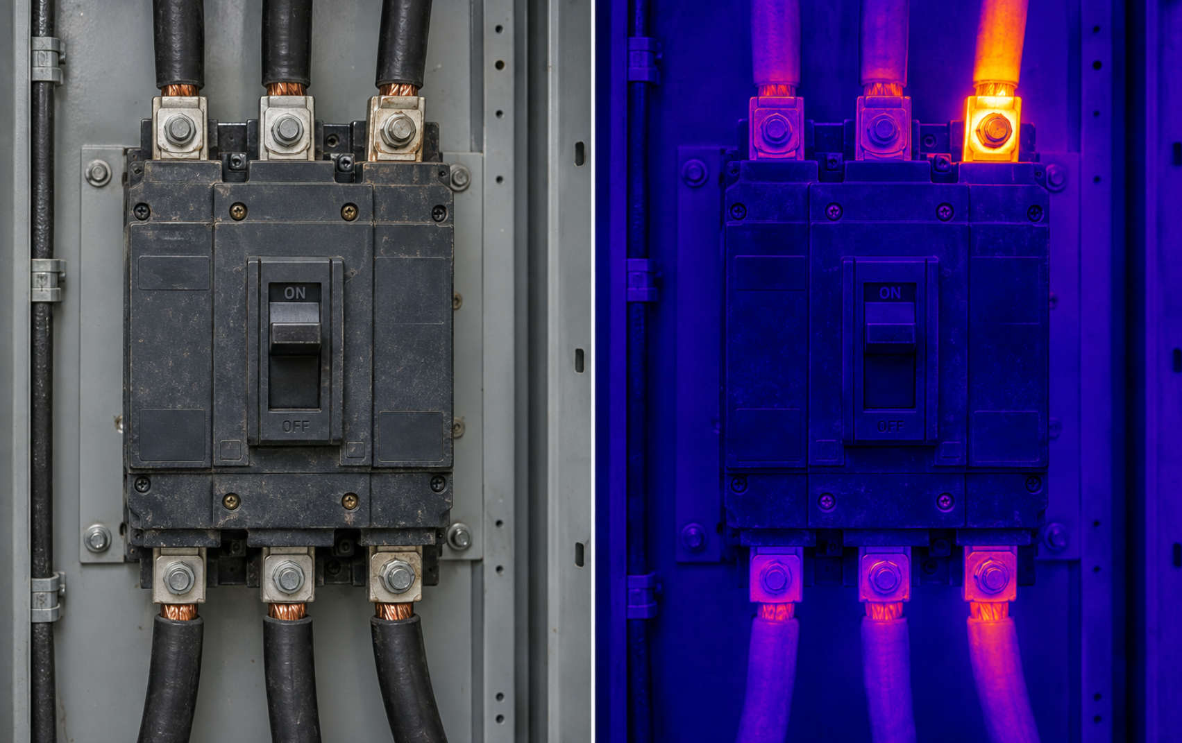 Illustrative side-by-side comparison of the same circuit breaker: visible light on the left, a stylised thermal effect on the right with one glowing connection.