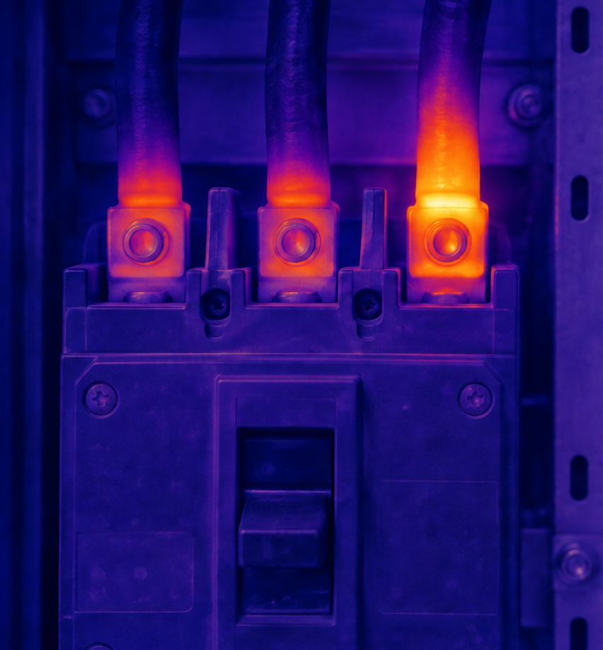 before corrective work. Two thermal views of the same breaker connections: before corrective work, one termination shows a localized warm pattern; in the follow-up comparison the same connections show an even surface pattern.