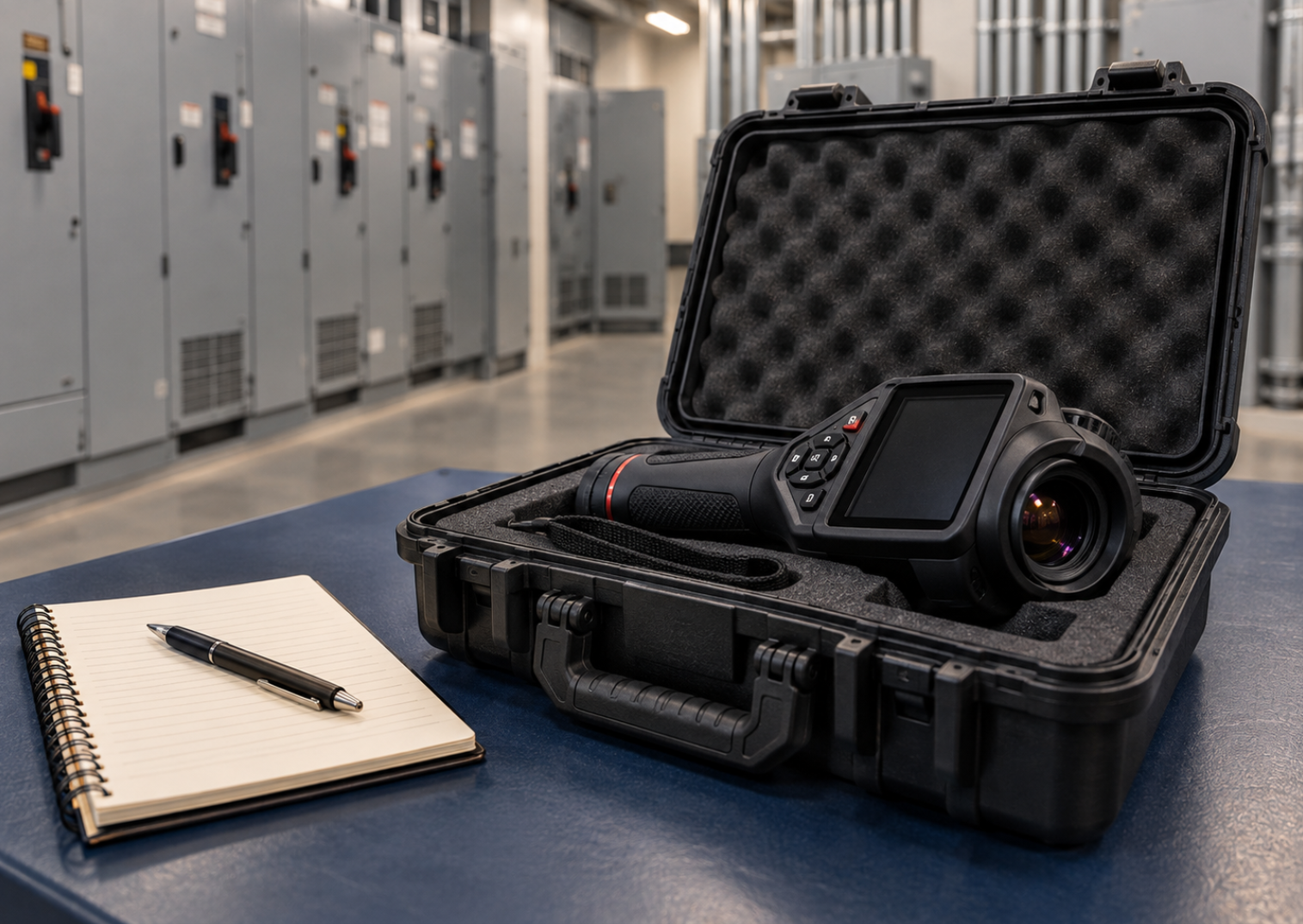 Illustrative image: thermal imaging camera in an open protective case on a workbench, beside a notebook and pen, with electrical distribution equipment in the background