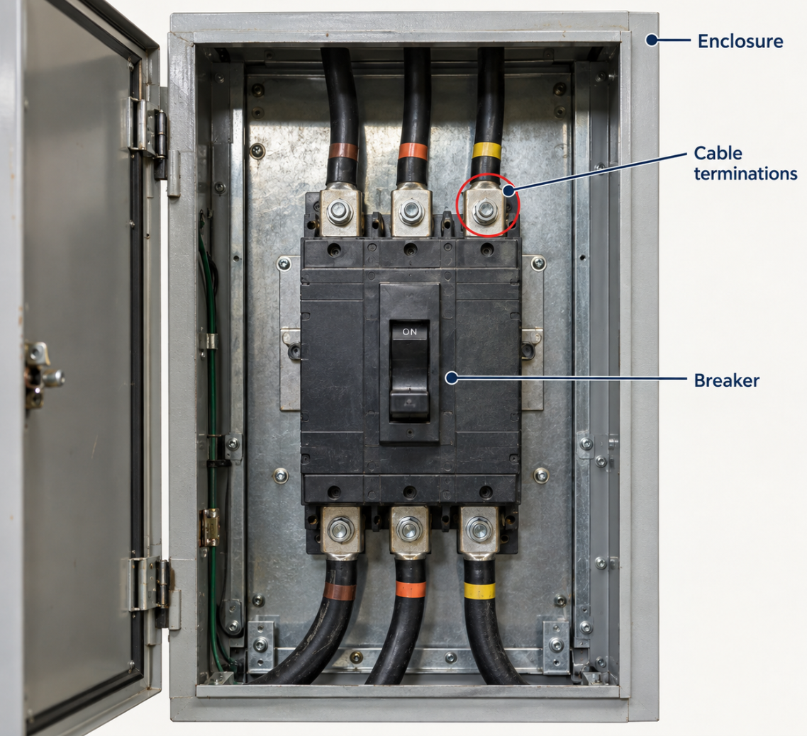 Illustrative annotated view of a circuit breaker inside its metal enclosure, with the cable termination circled as where a thermal finding typically appears.