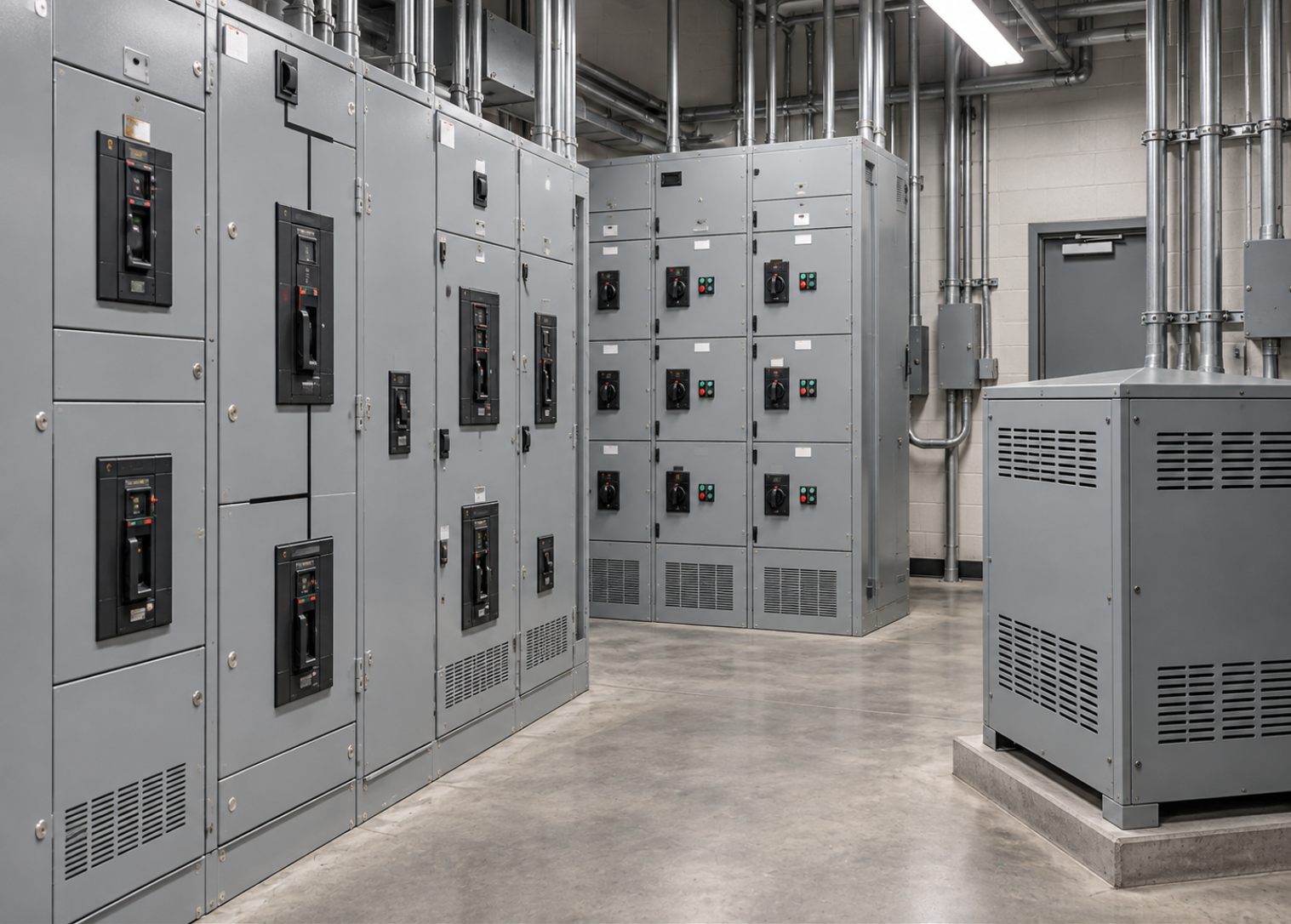 Illustrative view of commercial electrical distribution equipment in an equipment room